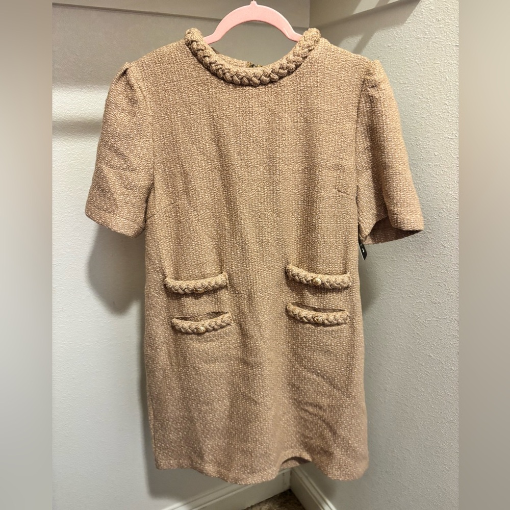 Textured Mini Dress with Braided Trim - Beige